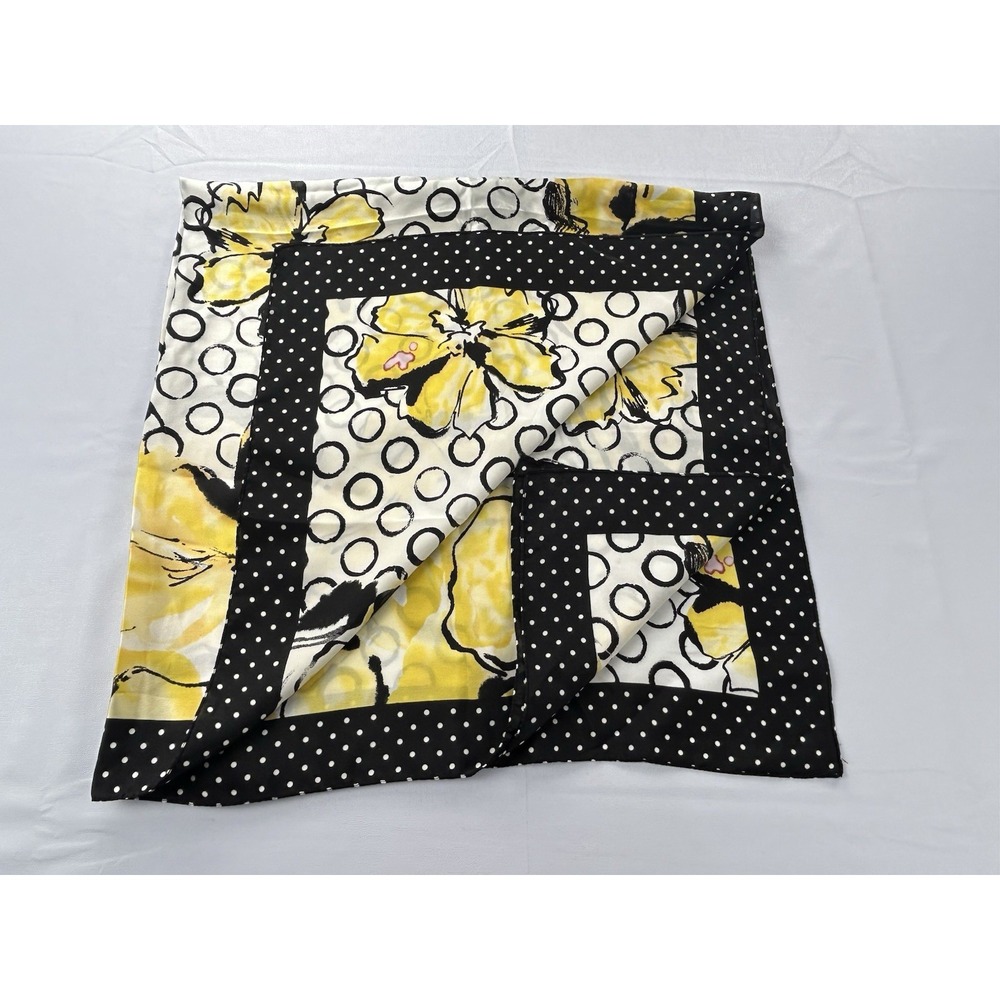 Vintage Floral Scarf 35x34 Yellow Black Polka Dot Silky Square Head Wrap